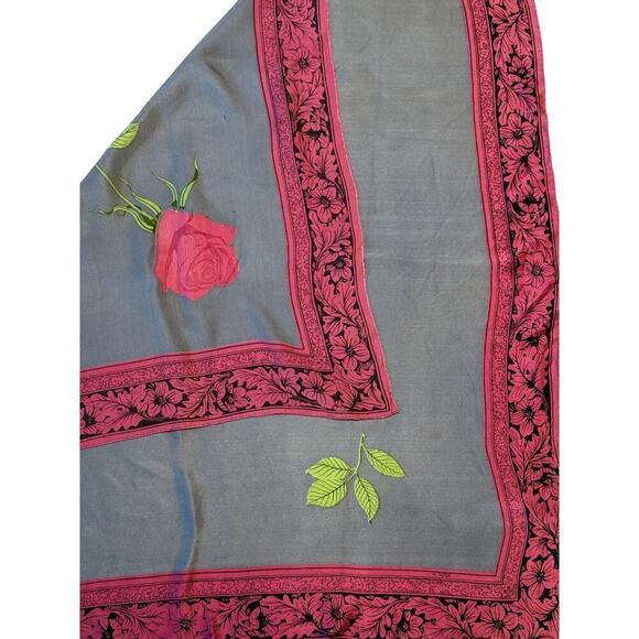 VTG 1950s "A Rose" Silk Charmeuse Scarf 30" Square Gorgeous Pink & Gray - Picture 5 of 5